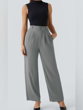 Halara Flex™ High Waisted Zipper Pocket Shirred Straight Leg Gray Work Pants M